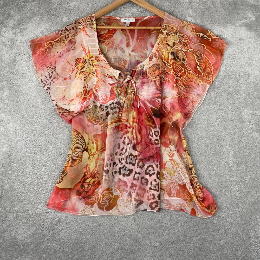 Dressbarn Blouse Womens XL Pink Floral Leopard Y2K Fairycore Sheer Boho Top
